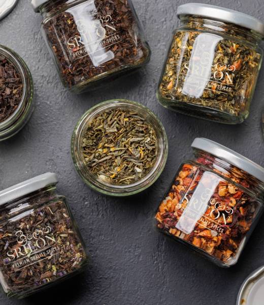 Tea time assortment: Various dry tea leaves. Flat lay